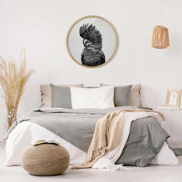 Circular framed print - Cockatoo Kanye Black And White