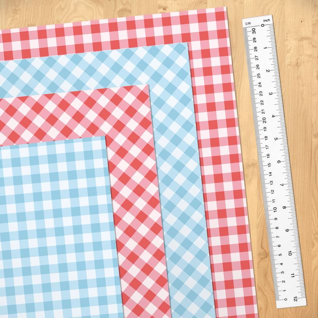 Adhesive film - Checked Pattern Squares In Pastel Blue And Vermillion