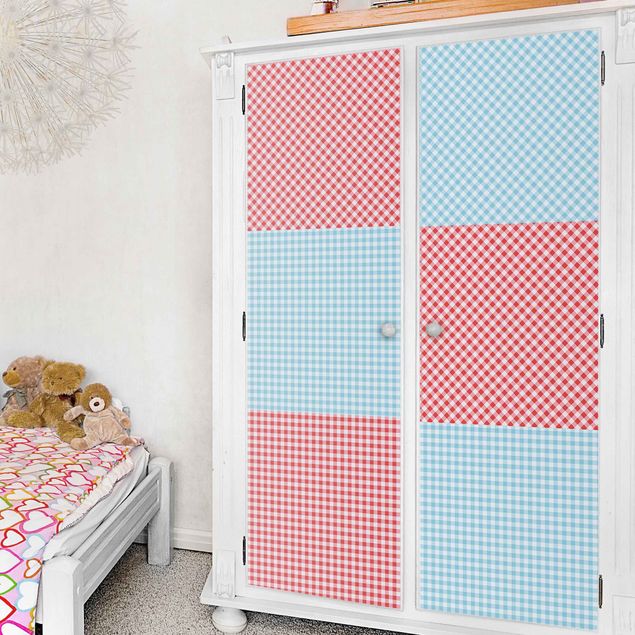 Adhesive film - Checked Pattern Stripes In Pastel Blue And Vermillion