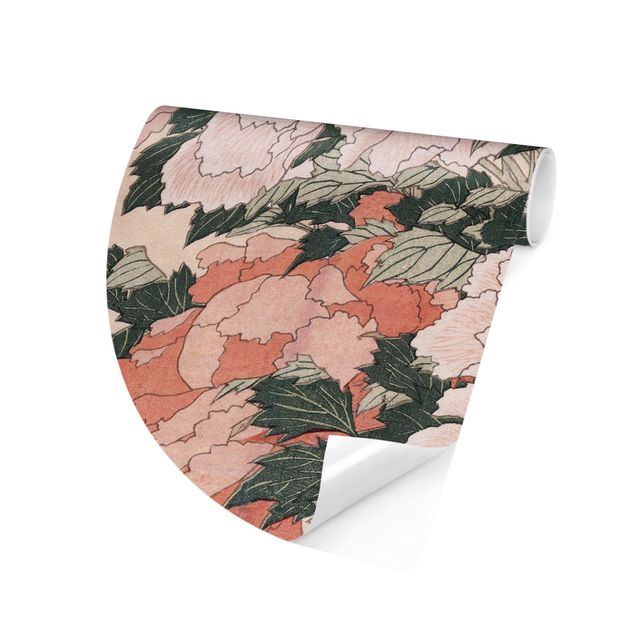 Self-adhesive round wallpaper - Katsushika Hokusai - Pink Peonies With Butterfly