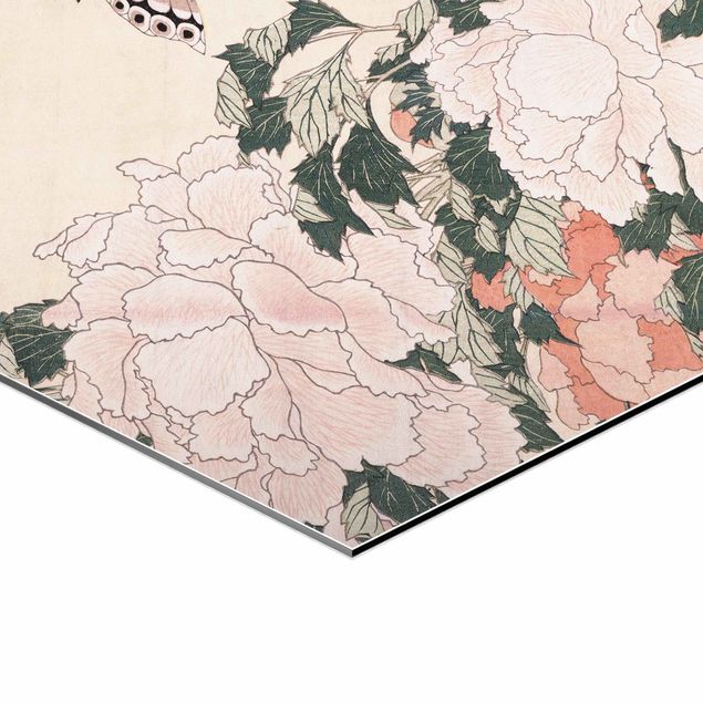 Alu-Dibond hexagon - Katsushika Hokusai - Pink Peonies With Butterfly