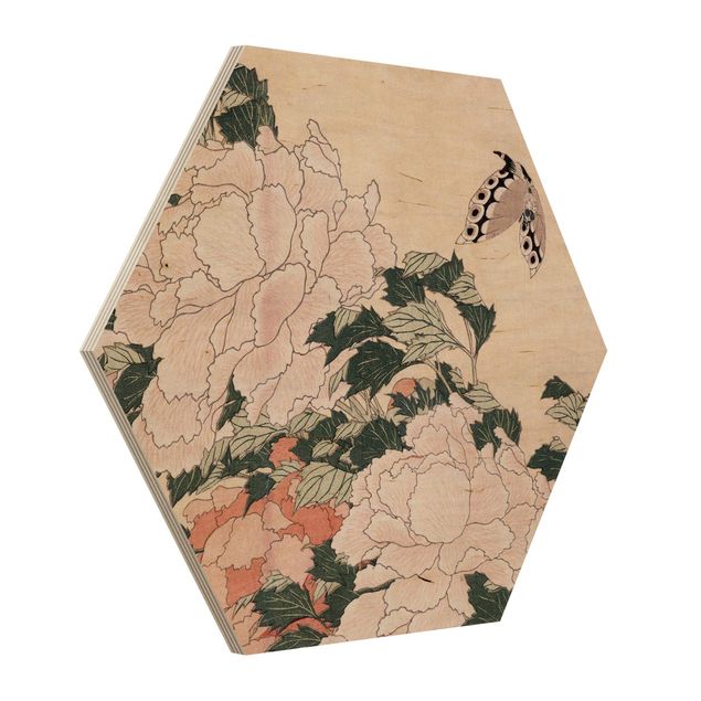 Wooden hexagon - Katsushika Hokusai - Pink Peonies With Butterfly