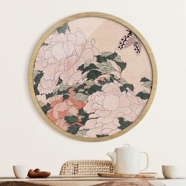 Framed prints round Katsushika Hokusai - Pink Peonies With Butterfly