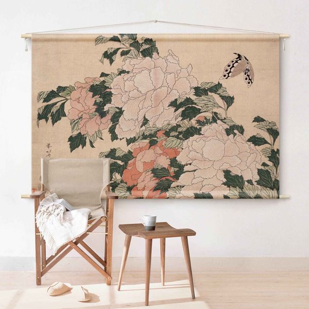 modern wall tapestry Katsushika Hokusai - Pink Peonies With Butterfly