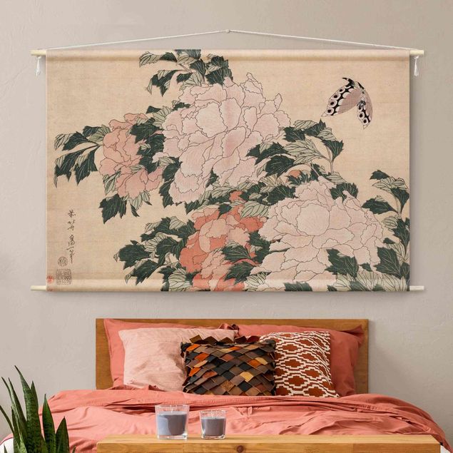 extra large tapestry wall hangings Katsushika Hokusai - Pink Peonies With Butterfly