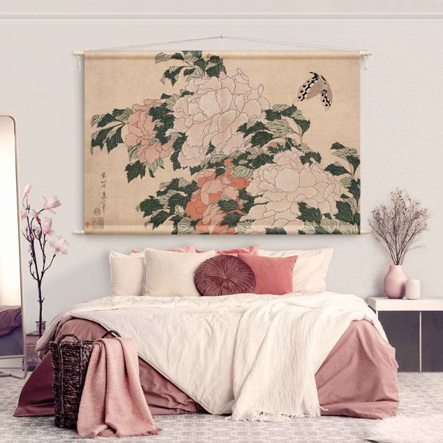 vintage tapestry wall hanging Katsushika Hokusai - Pink Peonies With Butterfly