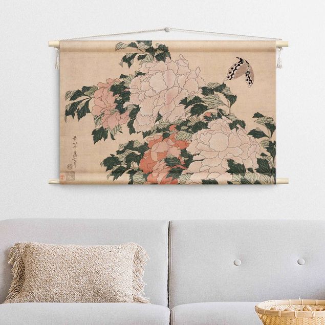 wall hanging decor Katsushika Hokusai - Pink Peonies With Butterfly