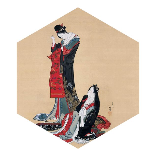 Self-adhesive hexagonal pattern wallpaper - Katsushika Hokusai - Two Courtesans