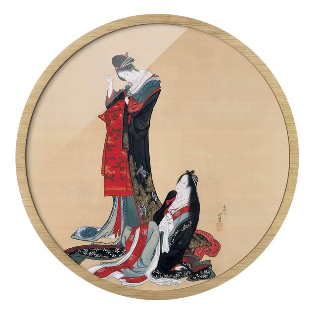 Circular framed print - Katsushika Hokusai - Two Courtesans
