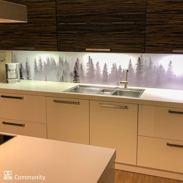 Kitchen wall cladding - Fog In The Fir Forest Black And White