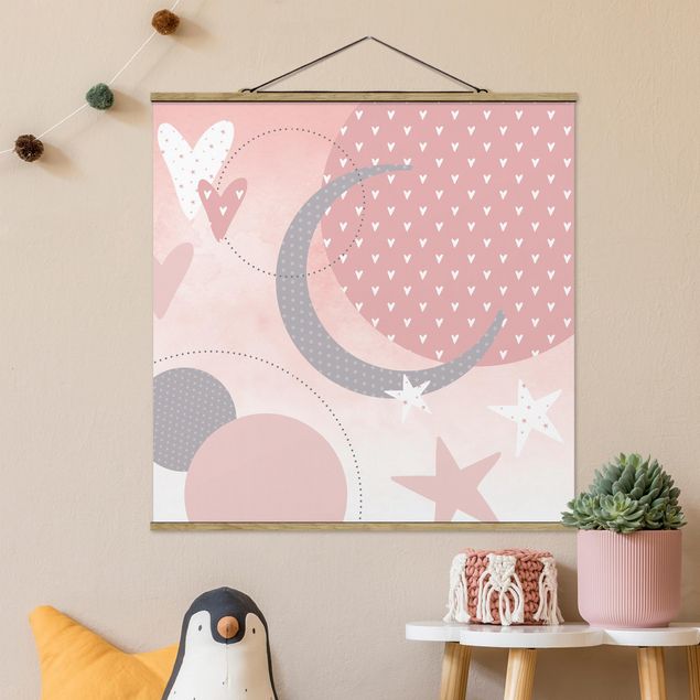 Fabric print with poster hangers - Children`s Rug Grafical - Stars And Moon - Square 1:1