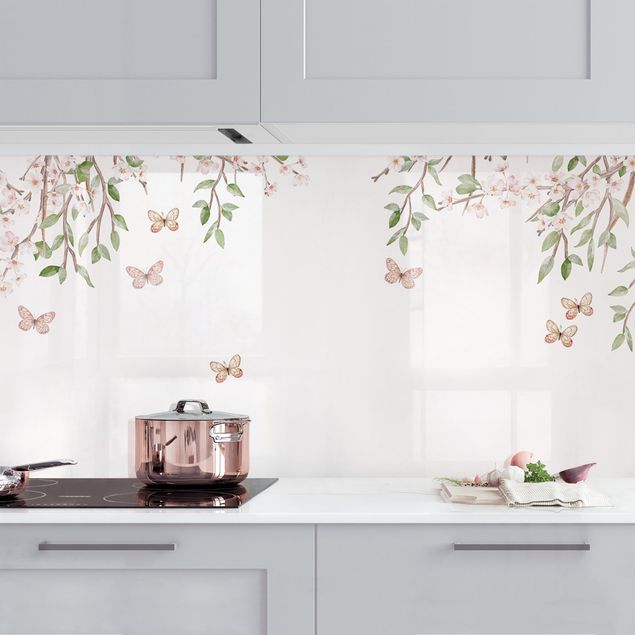 Kitchen splashback flower Cherry blossom in the butterflies' play of wings