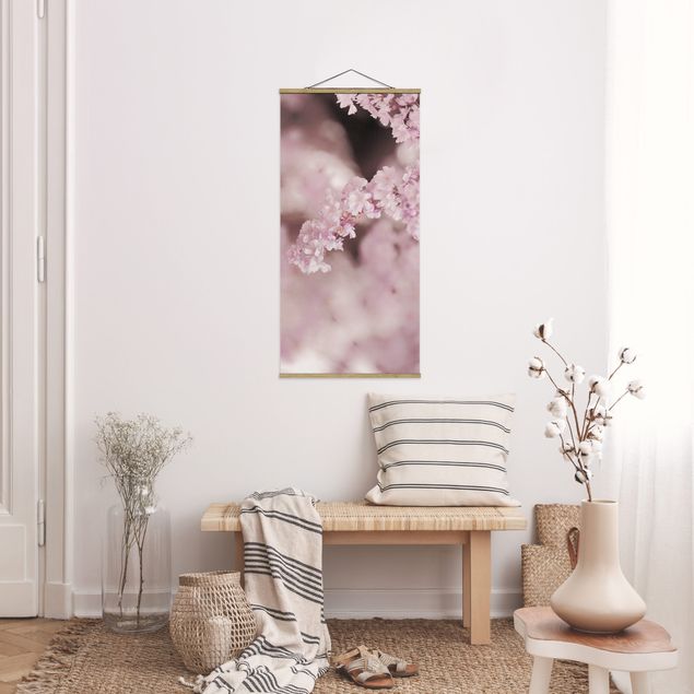 Fabric print with poster hangers - Cherry Blossoms In Purple Light - Portrait format 1:2