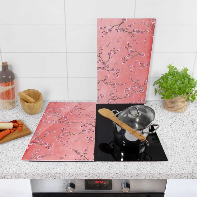 Stove top covers - Cherry Blossoms On Red