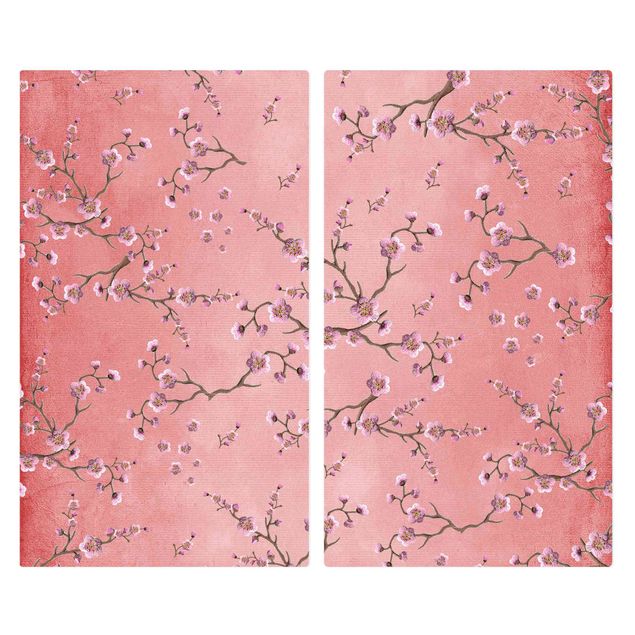 Stove top covers - Cherry Blossoms On Red