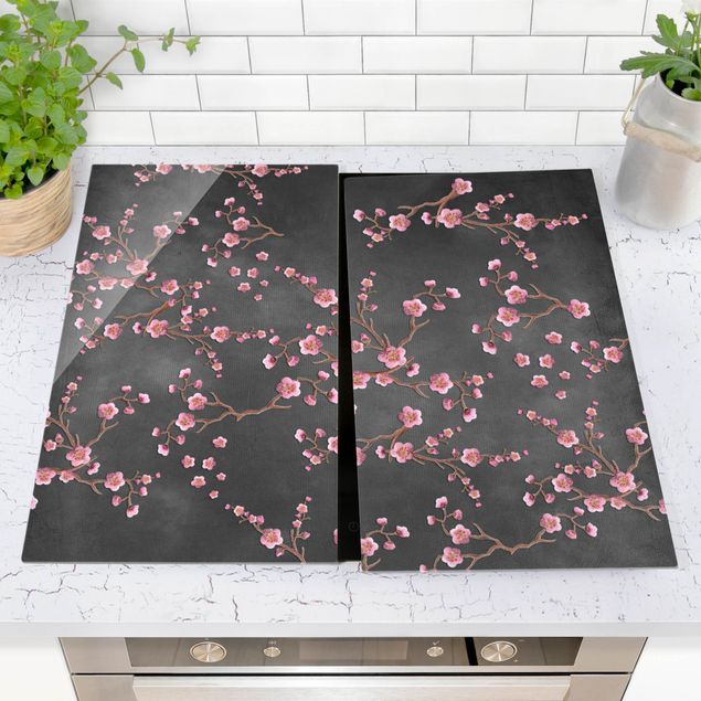 Stove top covers - Cherry Blossoms On Black