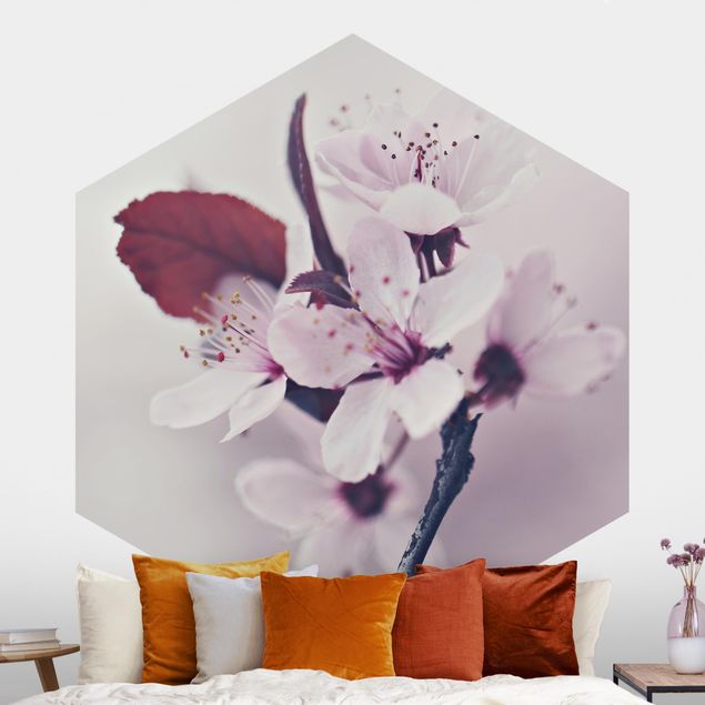 Self-adhesive hexagonal wall mural Cherry Blossom Branch Antique Pink