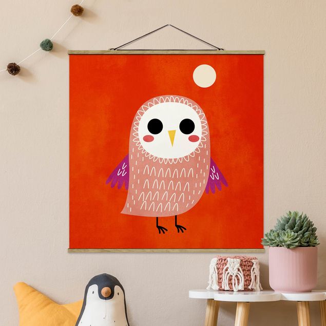 Fabric print with poster hangers - Little Owl At Red Night - Square 1:1
