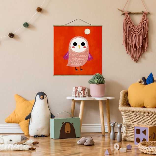 Fabric print with poster hangers - Little Owl At Red Night - Square 1:1