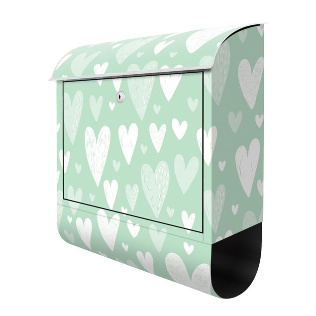 Letterbox - Small And Big Drawn White Hearts On Green