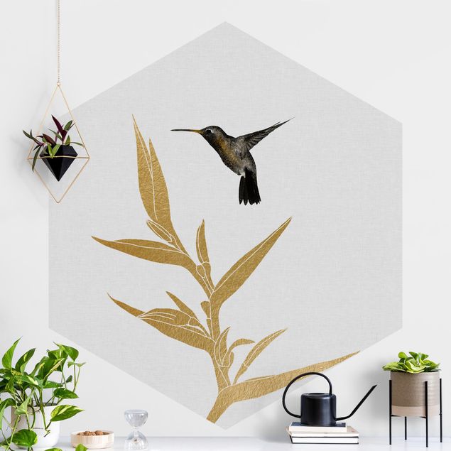 Hexagonal wall mural Hummingbird And Tropical Golden Blossom II