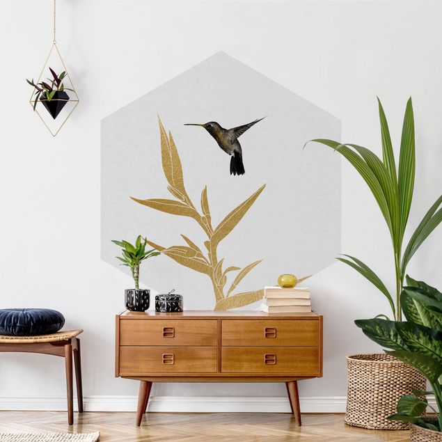 Self-adhesive hexagonal pattern wallpaper - Hummingbird And Tropical Golden Blossom II