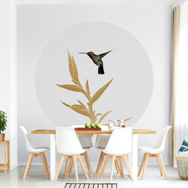 Self-adhesive round wallpaper - Hummingbird And Tropical Golden Blossom II