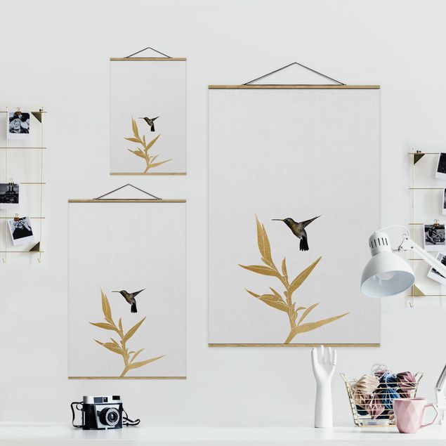 Fabric print with poster hangers - Hummingbird And Tropical Golden Blossom II - Portrait format 2:3