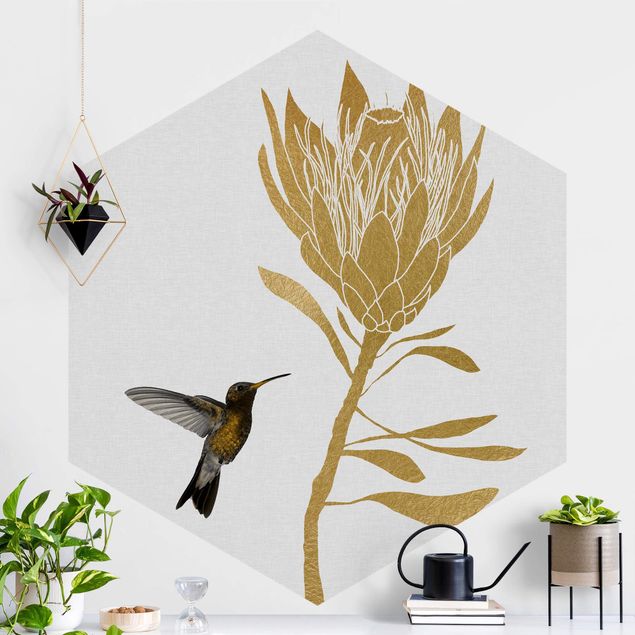 Self-adhesive hexagonal wall mural Hummingbird And Tropical Golden Blossom