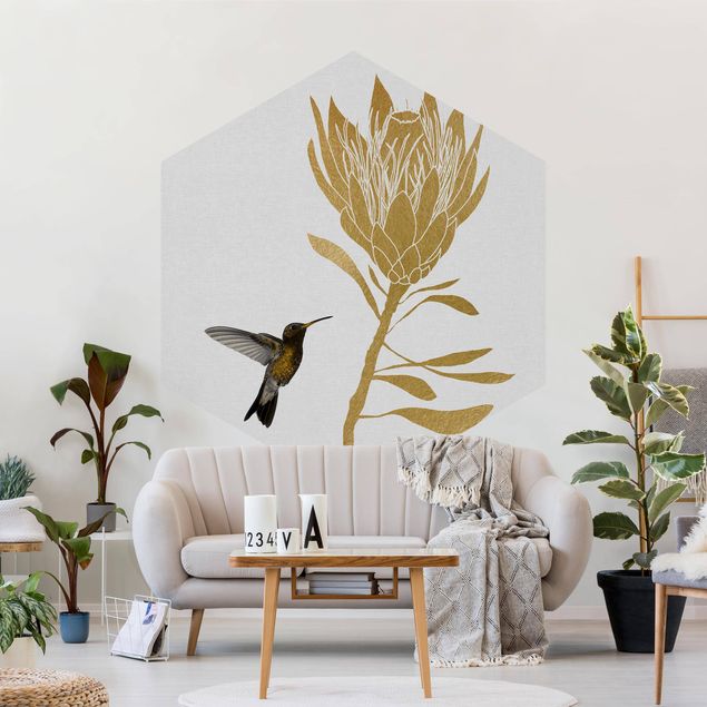 Self-adhesive hexagonal pattern wallpaper - Hummingbird And Tropical Golden Blossom