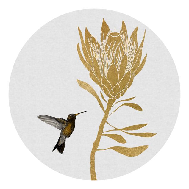 Self-adhesive round wallpaper - Hummingbird And Tropical Golden Blossom