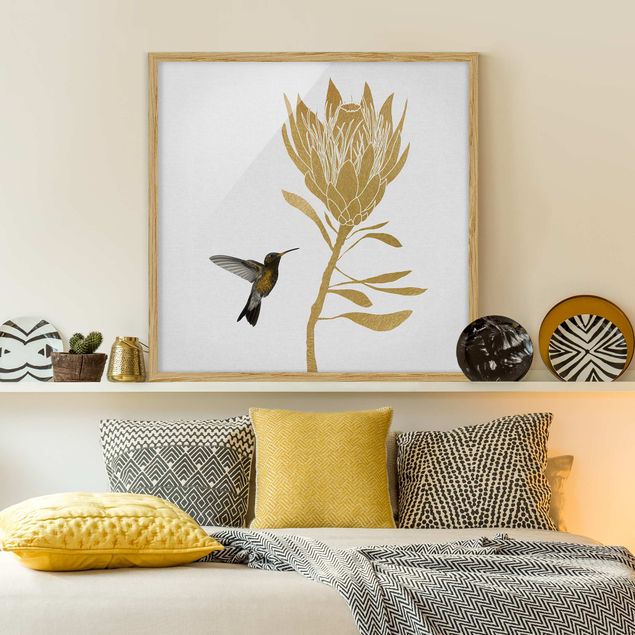 Framed poster - Hummingbird And Tropical Golden Blossom