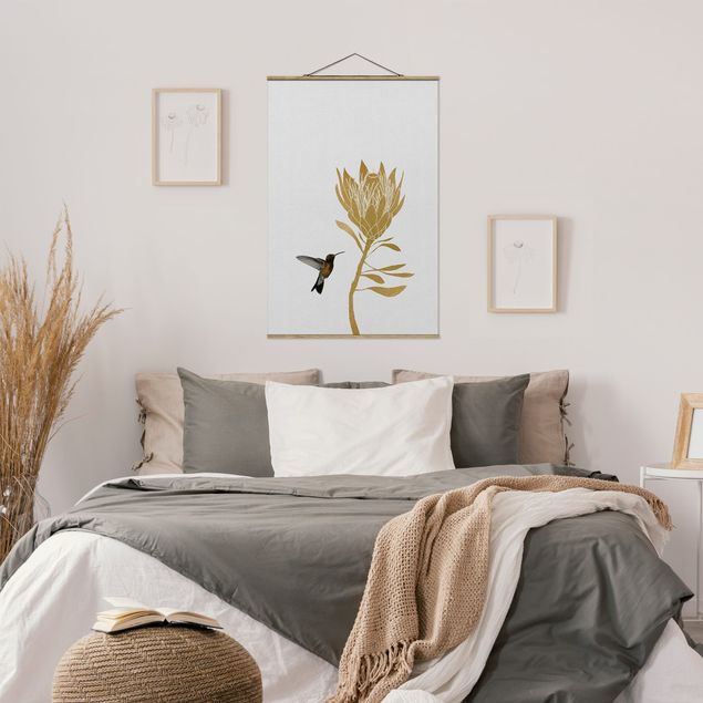 Fabric print with poster hangers - Hummingbird And Tropical Golden Blossom - Portrait format 2:3