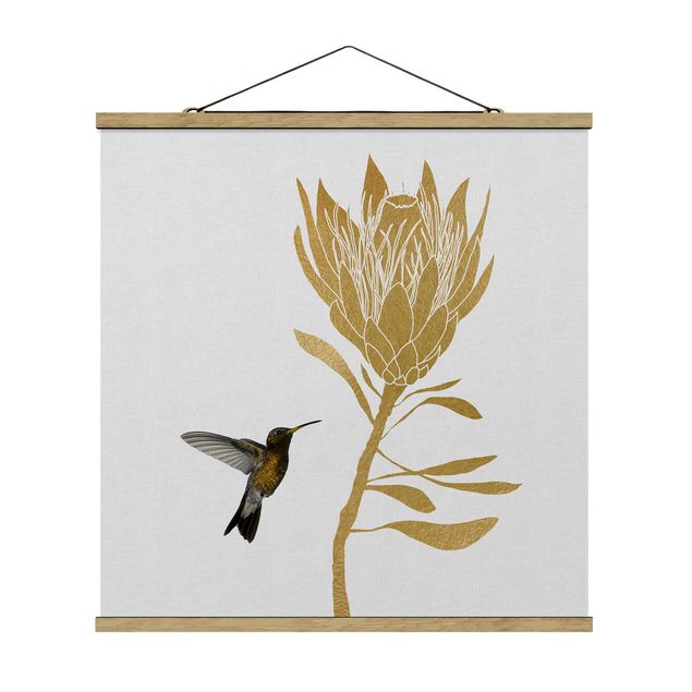 Fabric print with poster hangers - Hummingbird And Tropical Golden Blossom - Square 1:1