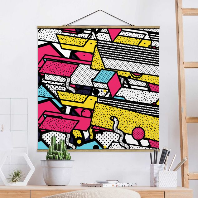 Fabric print with poster hangers - Composition Neo Memphis Colourful Madness - Square 1:1