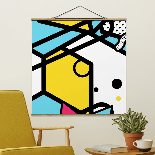 Fabric print with poster hangers - Composition Neo Memphis Yellow And Blue - Square 1:1