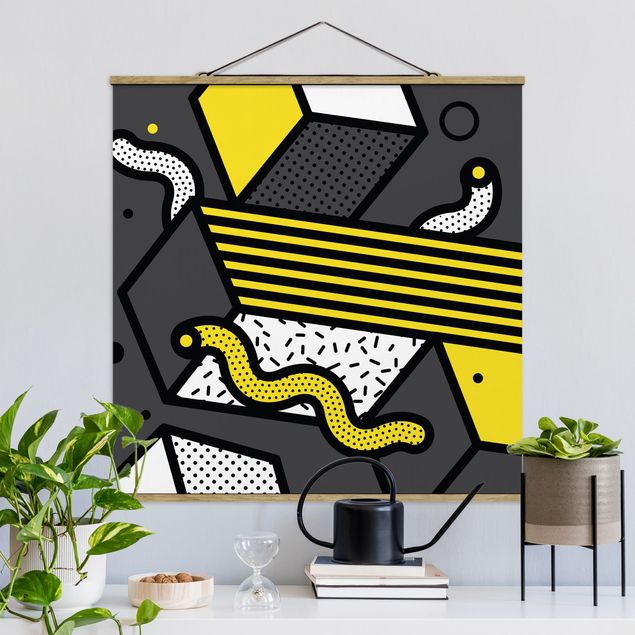 Fabric print with poster hangers - Composition Neo Memphis Yellow And Grey - Square 1:1
