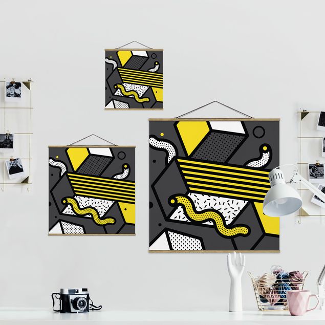 Fabric print with poster hangers - Composition Neo Memphis Yellow And Grey - Square 1:1