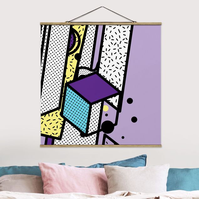 Fabric print with poster hangers - Composition Neo Memphis Purple And Yellow - Square 1:1