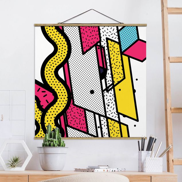 Fabric print with poster hangers - Composition Neo Memphis Pink And Yellow - Square 1:1