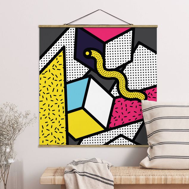Fabric print with poster hangers - Composition Neo Memphis Dots And Stripes - Square 1:1