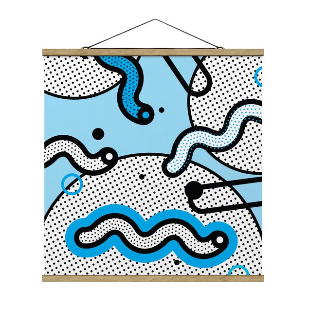 Fabric print with poster hangers - Composition Neo Memphis Black Blue - Square 1:1