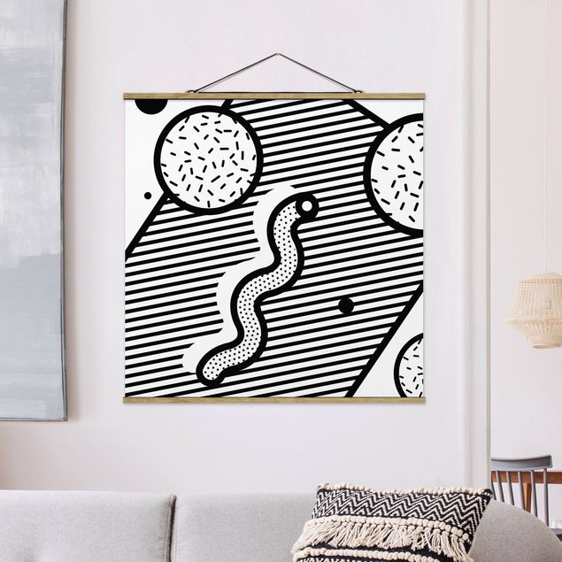 Fabric print with poster hangers - Composition Neo Memphis Black And White - Square 1:1