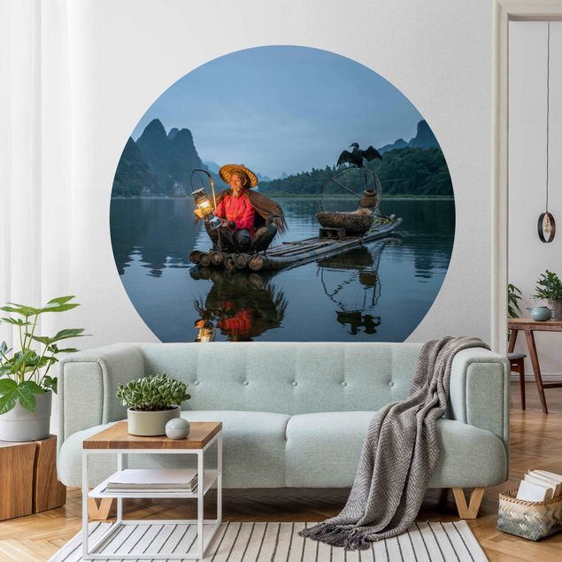 Self-adhesive round wallpaper - Cormorant Fisherman At Dusk