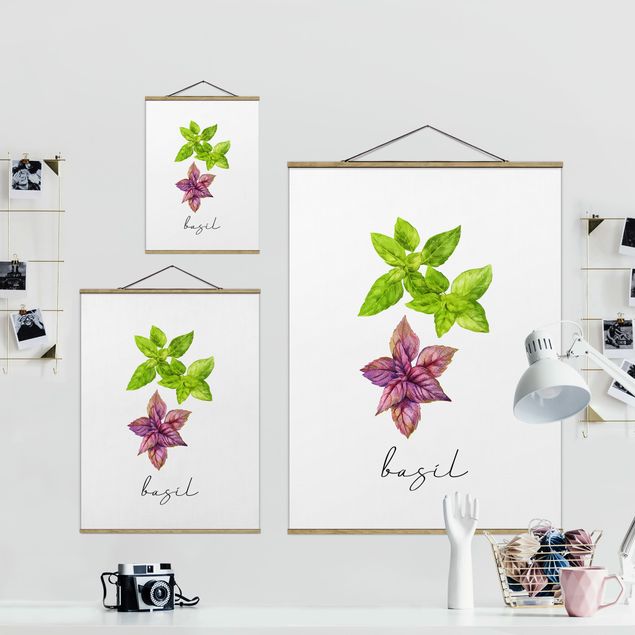 Fabric print with poster hangers - Herbs Illustration Basil - Portrait format 3:4