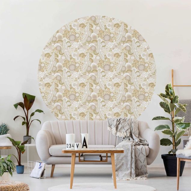 Self-adhesive round wallpaper - Cranes And Chrysanthemums Beige