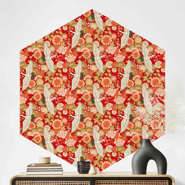 Hexagonal wallpapers Cranes And Chrysanthemums Red