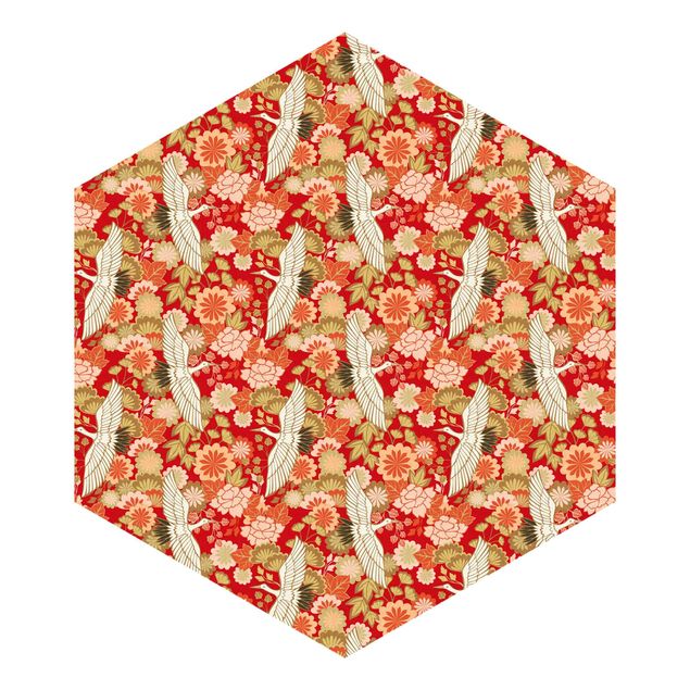 Self-adhesive hexagonal wall mural - Cranes And Chrysanthemums Red