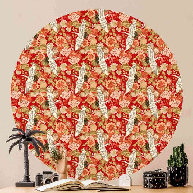 Self-adhesive round wallpaper - Cranes And Chrysanthemums Red
