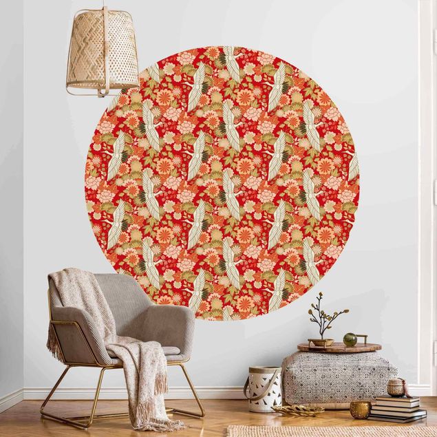 Self-adhesive round wallpaper - Cranes And Chrysanthemums Red